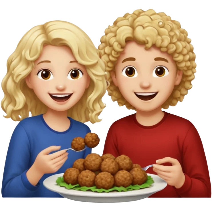 Ragazza bionda leggermente riccia e lunghi che ride ad un ragazzo con i capelli ricci scuri mentre mangia polpette emoji