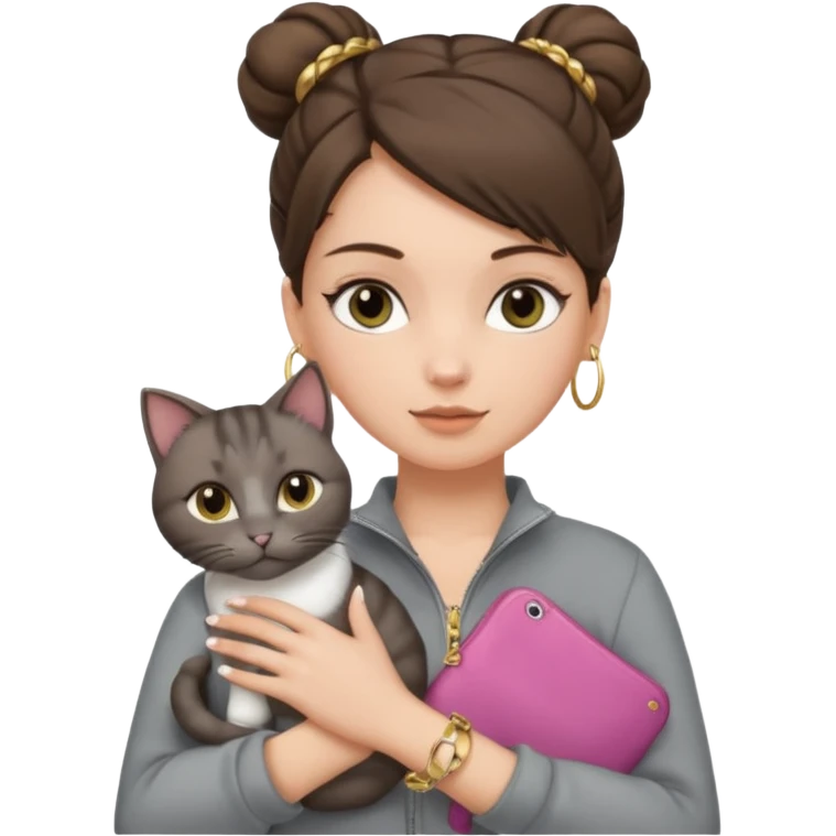 a white girl with brunette hair in a one single bun holding a grey cat. the girl has long lashes and has on a grey zip up that is half way zipped  and under a white shirt and gold jewelry that is gold bracelets. emoji
