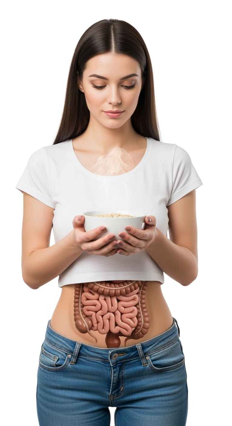 donna con bowl di avena in mano e intestino in evidenza, isolata su sfondo bianco emoji