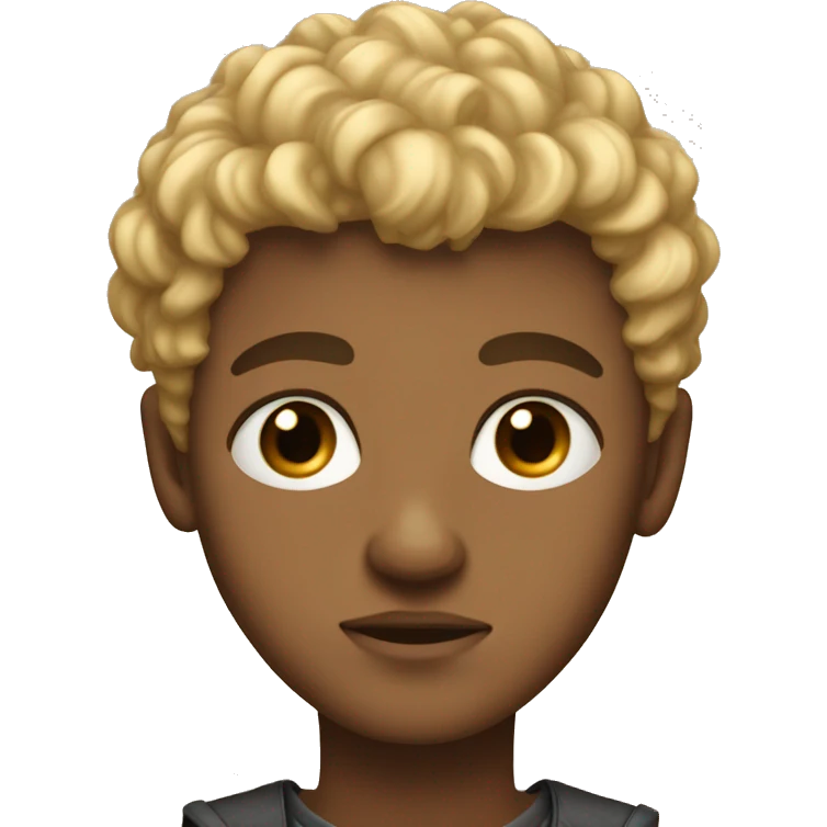 black eyes, very very curly blonde very short hair, boy, tan skin, serious face emoji