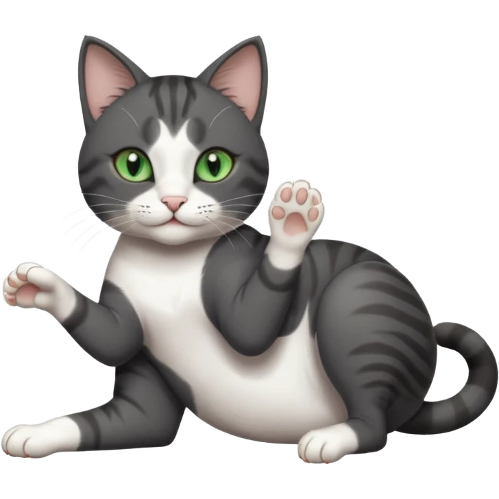 beautiful female solid dark grey cat with green eyes, white toes/paws and white patch on her chest playfully rolling upside down emoji