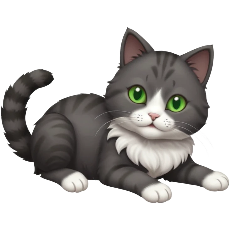 solid dark grey cat with green eyes, white toes/paws and white patch on her chest playfully rolling upside down emoji