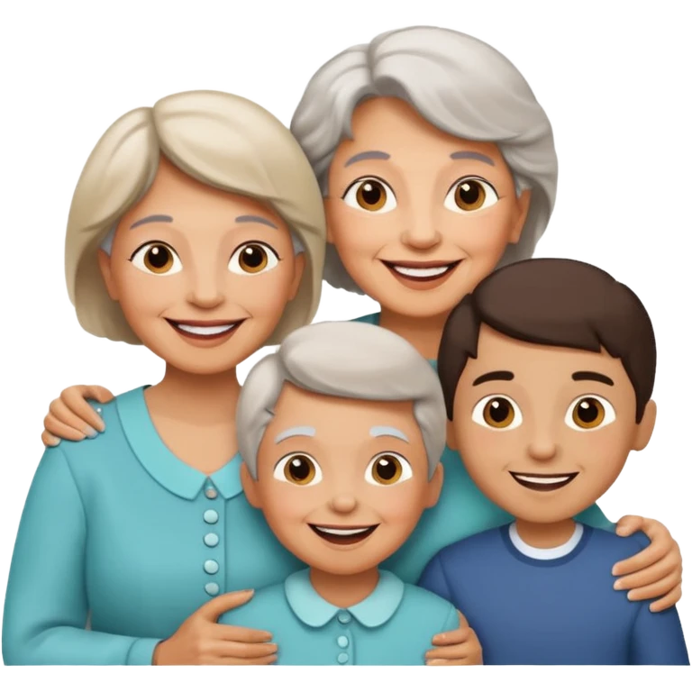 two kids (1 boy and 1 girl) with their mother and grand mother smiling emoji