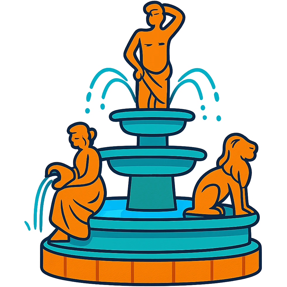 A vibrant cartoon illustration of a fountain with statues emoji