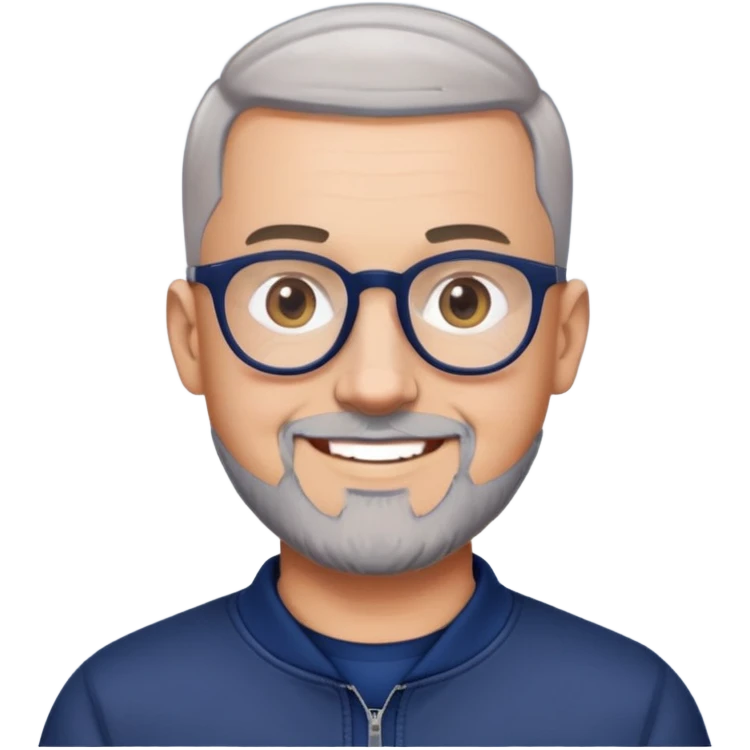 Man with light skin, oval face, buzz cut extremely short on top with faded sides, short peppered gray beard, large black-framed glasses, smiling face, broader body build, navy blue zip-front sweatshirt with long sleeves emoji