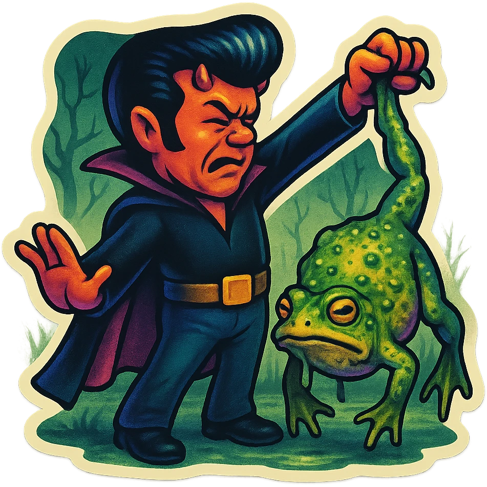 Retro sticker style with no borders on stickers. Helvis character with a short cape and very tiny horns, holding a giant slimy toad by one leg, arm outstretched, face turned away in disgust. Swampy background with a grim vibe maintained. emoji