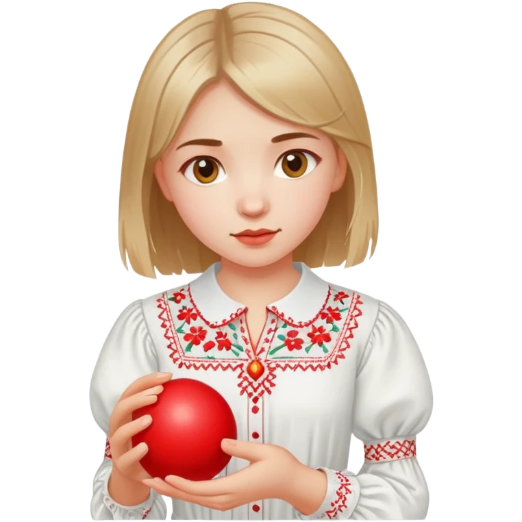 Ukrainian young girl in a white embroidered shirt holds a red ball of thread in her hand emoji
