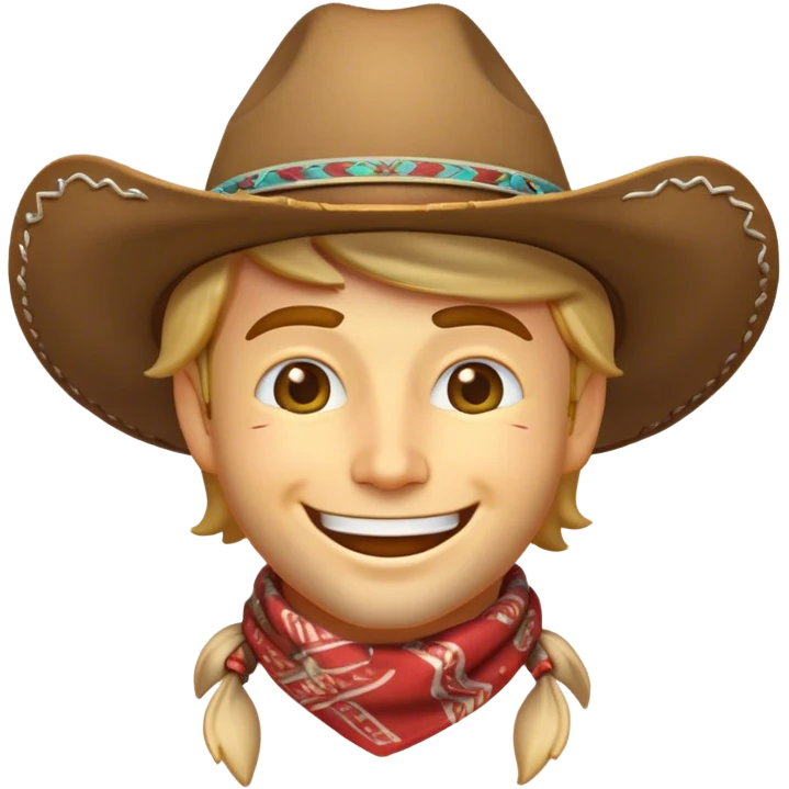 Clash of Clans aesthetic Playful Cowboy Portrait Emoji, Head tilted with a roguish, cheeky grin and twinkling eyes, featuring a compact, charming build with a jaunty hat and a friendly bandana, his natural skin tone adding authenticity, Simplified yet irresistibly charming features, highly detailed, glowing with a warm, inviting western glow, high shine, spirited and lively, stylized with an air of whimsical frontier mischief, soft glowing outline, capturing the essence of a playful cowboy exuding friendly rogue charm! emoji