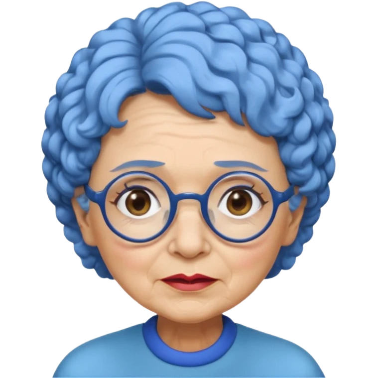old lady with short, curly blue hair, matching blue eyebrows, light brown skin, round black glasses, and a neutral facial expression. emoji
