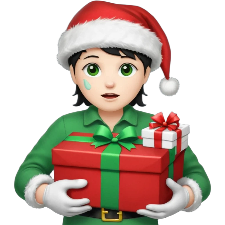 appears to be a naughty list with the words "NAUGHTY" written on top of it. It is sad with tears and wearing a Santa hat and has green boots and gloves. It is holding a present-looking chest in it's hands with coal inside. emoji