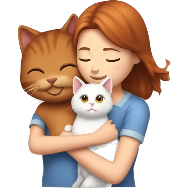 A red-and-white cat who is hugged by a girl with brown hair emoji