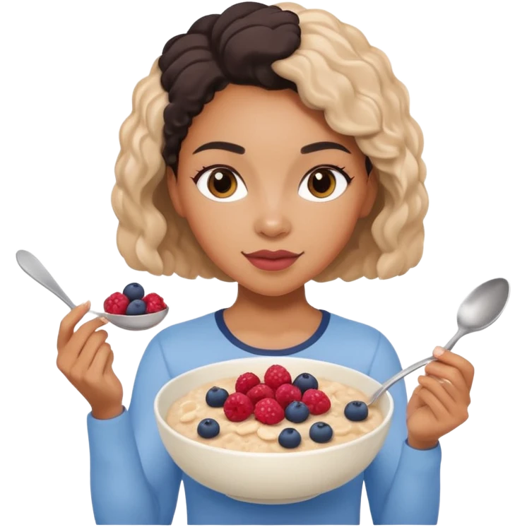 Mixed-race athletic woman with caramel skin, slim thick, holding a bowl of oatmeal with berries, pastel tones emoji