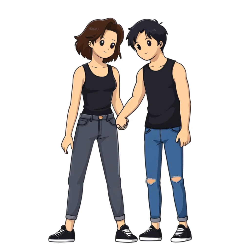 A girl with long brown hair holding the hand of a boy with short black hair, she wearing a black tank top with flared blue jeans, he wearing a black t-shirt with grey jeans, couple in love emoji
