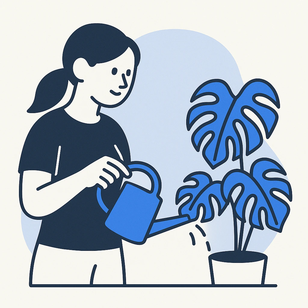 woman watering her monstera plant emoji