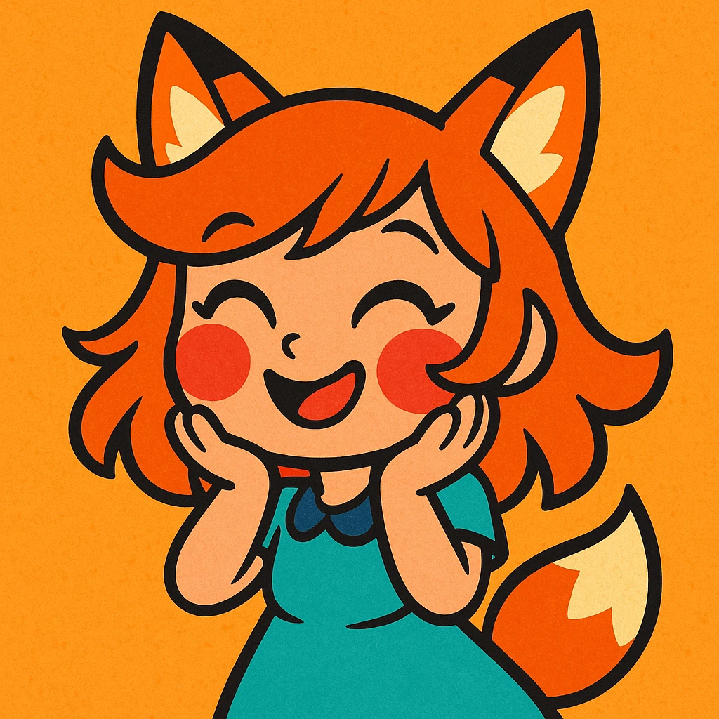 a cute girl with fox ears and ginger hair, blushing, in a vibrant cartoon style emoji