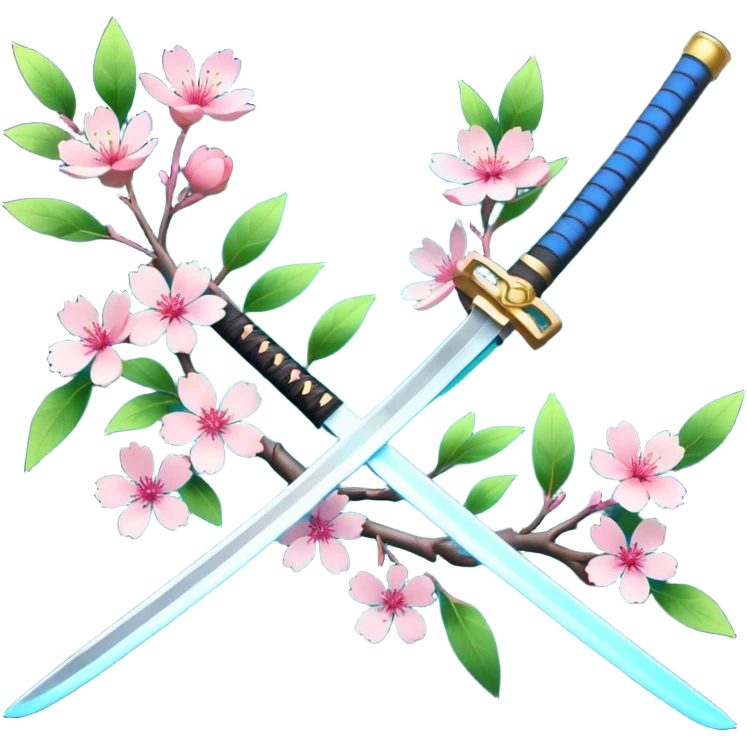 blue glowing katana with accent words And Sakura flowers leaves and branches entangled with it emoji