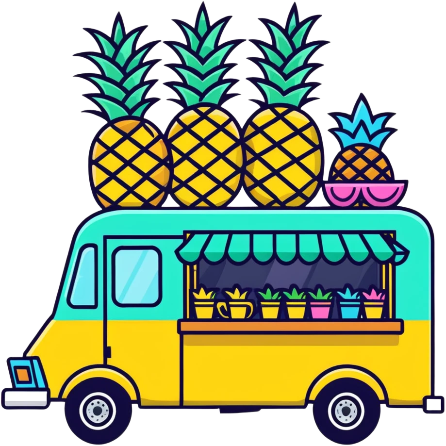 cartoonish Hawaiian food truck with pineapples and leis emoji