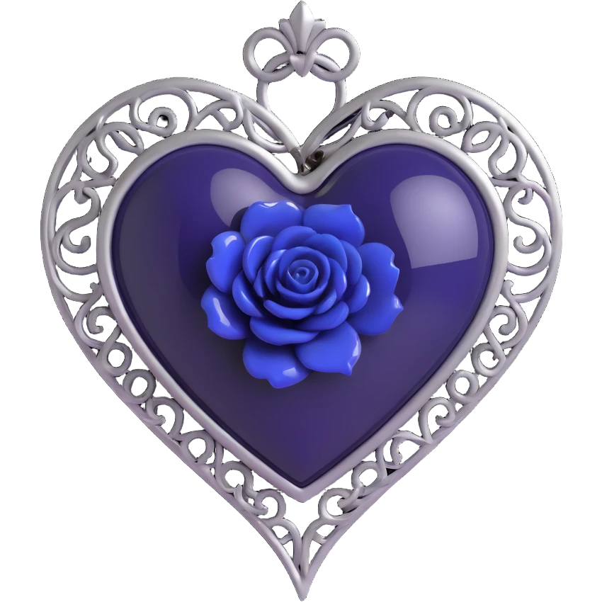 3D emoji gothic heart, deep indigo glass, silver filigree, black rose accent emoji