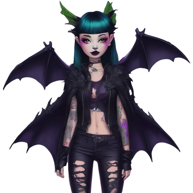 Quirky goth people Afflecks Palace unique attire with dragon bat wings and tattoos neon emoji