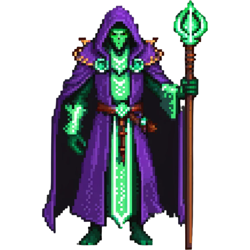 warlock with purple robes, green fel magic, demonic energy, holding a staff, World of Warcraft character emoji