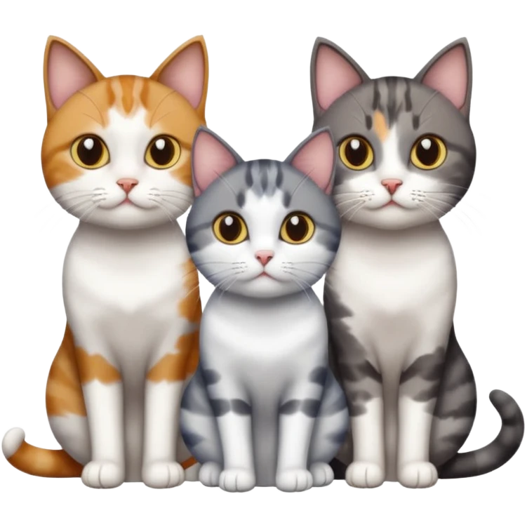 3 different coloured short haired cats including; a dark brown tabby and white cat, and a dark grey and white  emoji