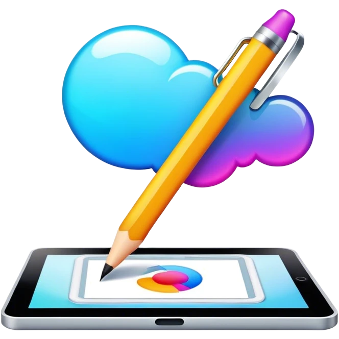 Computer graphics icon, digital design tools like a stylus, tablet, computer image on screen, vibrant colors, minimalistic style, clean lines, transparent background. emoji