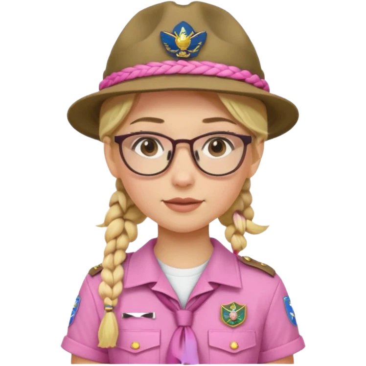 scout girl with pink scout uniform including hat, blonde braided haired and glassess emoji