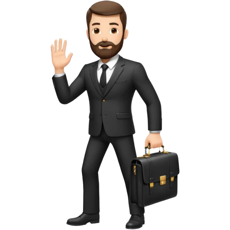 A handsome man, 40+ years old, with a thick beard in a black suit, fair skin, short stylish haircut, full-length photo, wearing an expensive watch, unusual pose, holding a briefcase, pumped up, super realistic emoji emoji