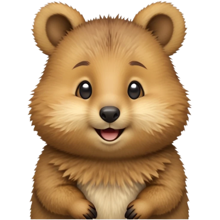 cinematic-quokka-realistic-emoji,-small-round-frame-balanced-on-tiny-strong-hind-legs,giant-fluffy-cheeks-large-smile-fluffy-brown-fur-radiating-a-warm-softness,-big-round-eyes-filled-with-joy, realistic emoji zoomed in emoji