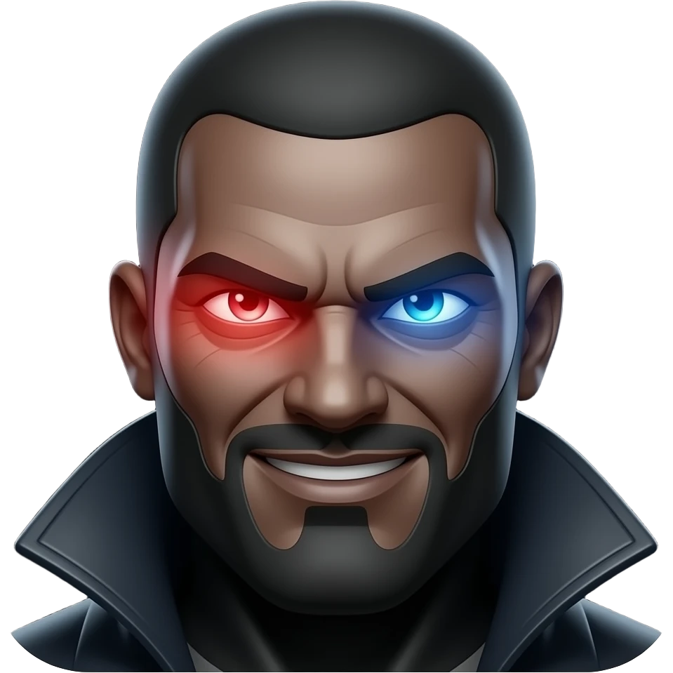 A powerful emoji face with a confident smirk, glowing red and electric blue eyes, subtle shadow aura, representing dominance and intelligence, sleek 3D emoji style, glossy finish, dramatic lighting, centered on a dark background, ultra clean, iconic, high detail emoji