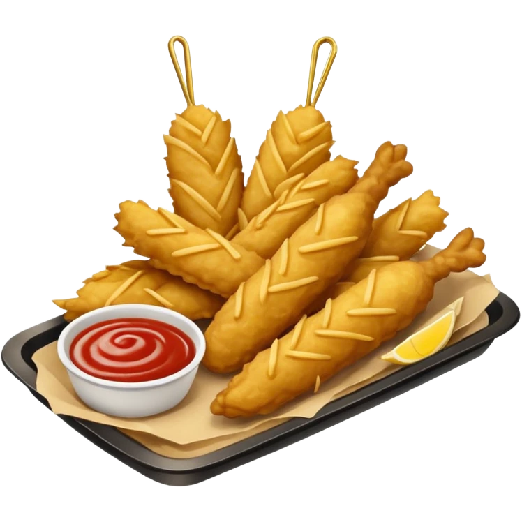 Piezas de pollo frito y papas fritas en baston sobre una bandeja rectangular plateada que contiene papel con patrón de cuadros blancos y negros  emoji