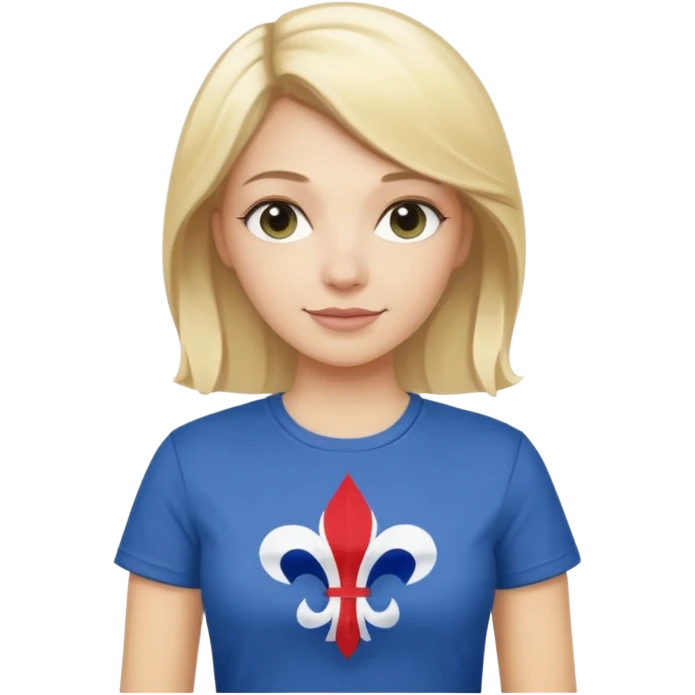 White woman with blonde hair holding a French flag in hand with a fleur-de-lily t-shirt emoji