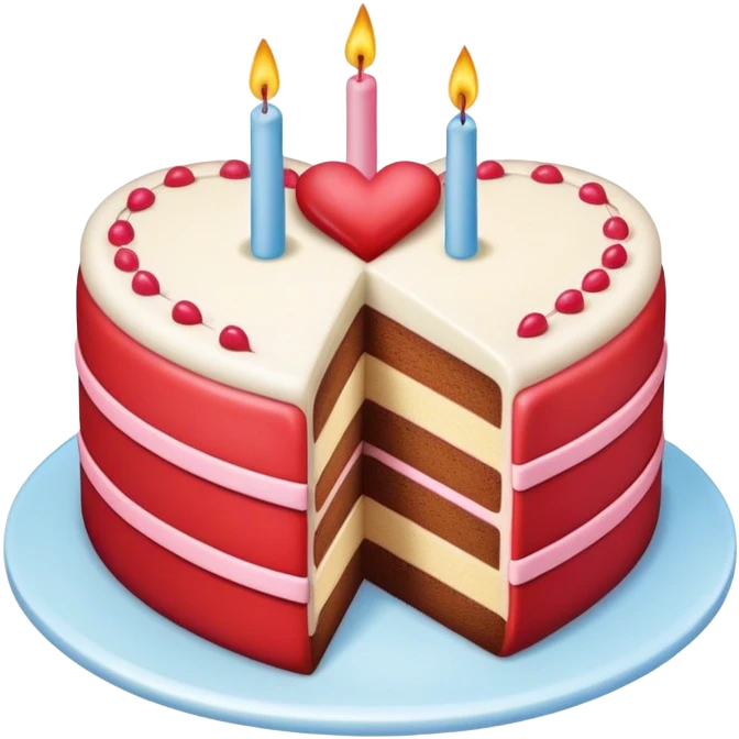 Heart shaped birthday cake divided in half. Each half has a different color emoji