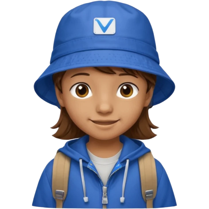 Little student, brown hair, wears blue bucket hat and jacket, backpack, shy emoji