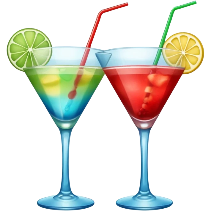 Create two emoji of clear red blended yellow cocktail, cheers with blue blended green cocktail, without any fruit and skewers emoji