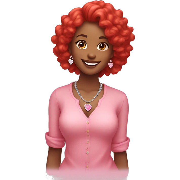 Bright skin girl, bright smile, red long curve hair, wearing diamond bud earrings, a heart shape necklace and pink pastel shirt  emoji