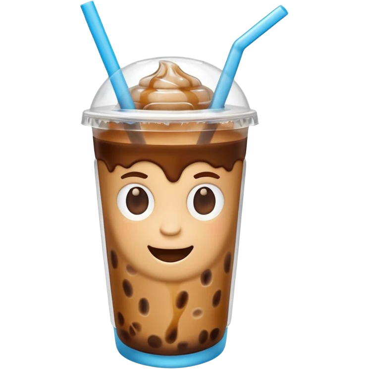 A 3D cartoon plastic cup of iced coffee with straw, clear lid, ice cubes floating, realistic condensation, bright sunlight, Memoji-style. emoji
