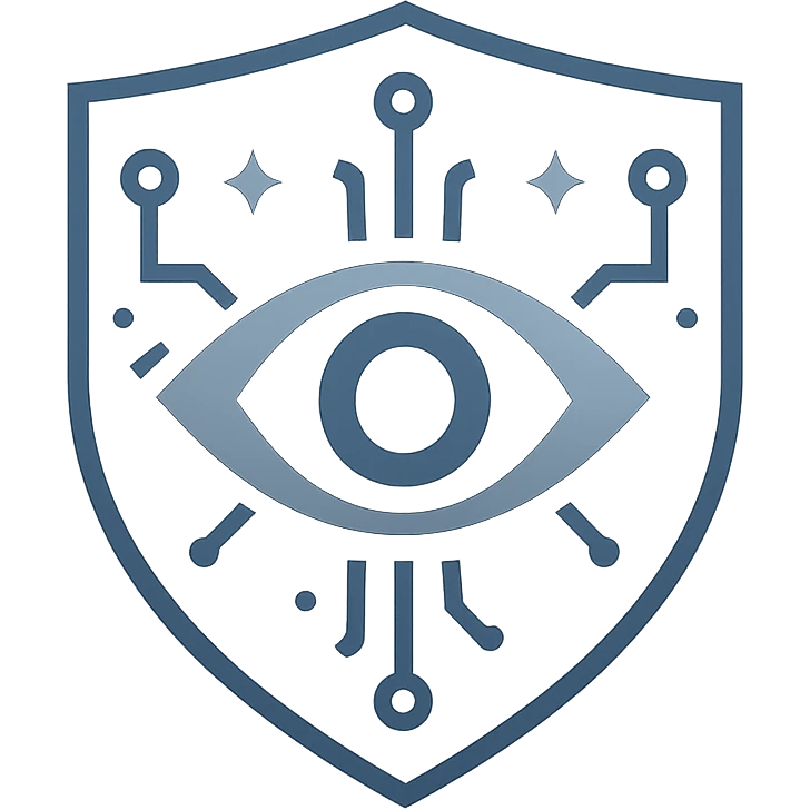 sleek professional logo with geometric abstract eye at center of shield, surrounded by digital circuit motifs subtle stars, dark blue gray metallic silver palette, minimalist futuristic authoritative suitable for defense intelligence branding emoji