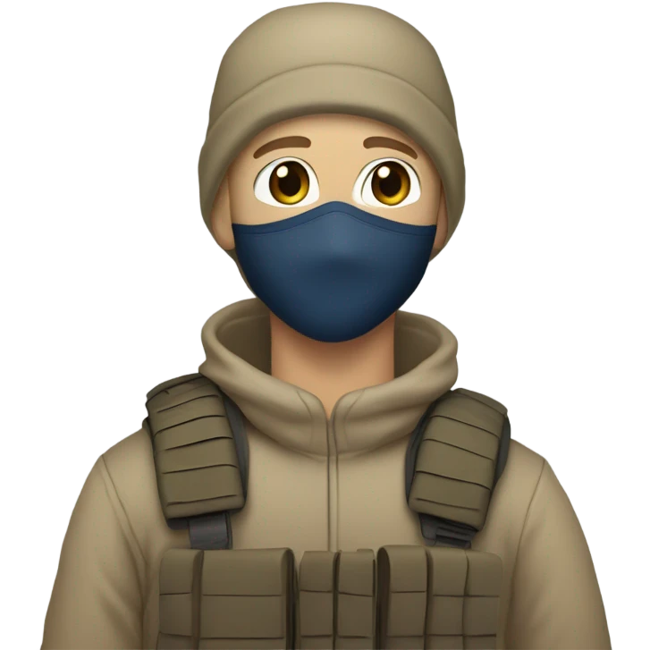 White male, face mask, tan tactical gear, combat boots, black beanie, blue eyes emoji