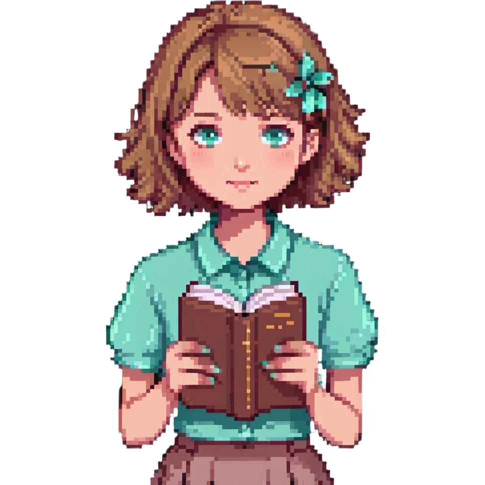 A girl with short light brown hair holding a pink book, wearing a mint shirt emoji