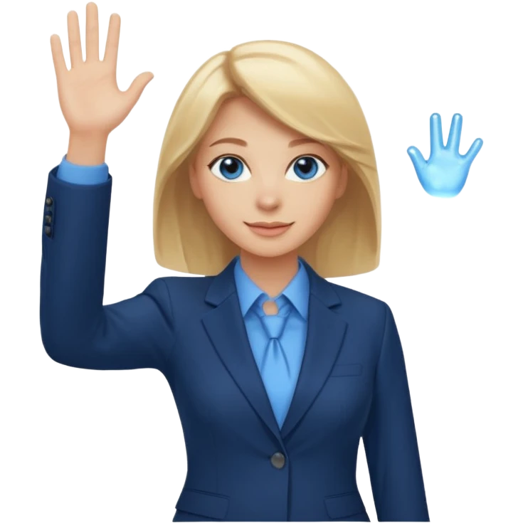 Make emoji of business woman with light skin and medium blonde hair in a dark blue business suit and light blue shirt waiving to new clients.  Woman should have sparkling blue eyes. emoji
