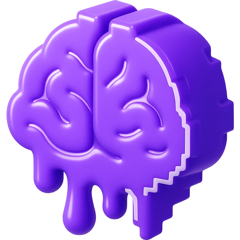 3D purple brain icon melting down, front facing, pixel art edges and shiny finish emoji