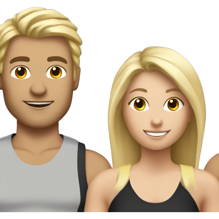 Personal trainer with sandy blonde hair and two clients one male one female emoji