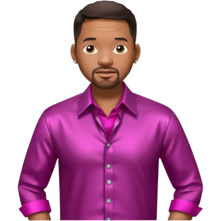 Will Smith with dark brown hair, metallic fuchsia dress shirt, metallic white pants emoji