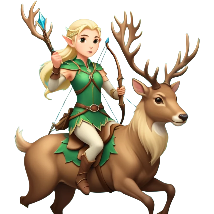 clash-of-clans-aesthetic-blond-elf-archer-portrait-emoji, rendered in a flat, vector-style with minimal shading and bold, simplified shapes, head tilted slightly forward with a determined, focused expression, riding a majestic stag whose luminous antlers glow with mystical energy, set against an ancient, enchanted forest backdrop. emoji