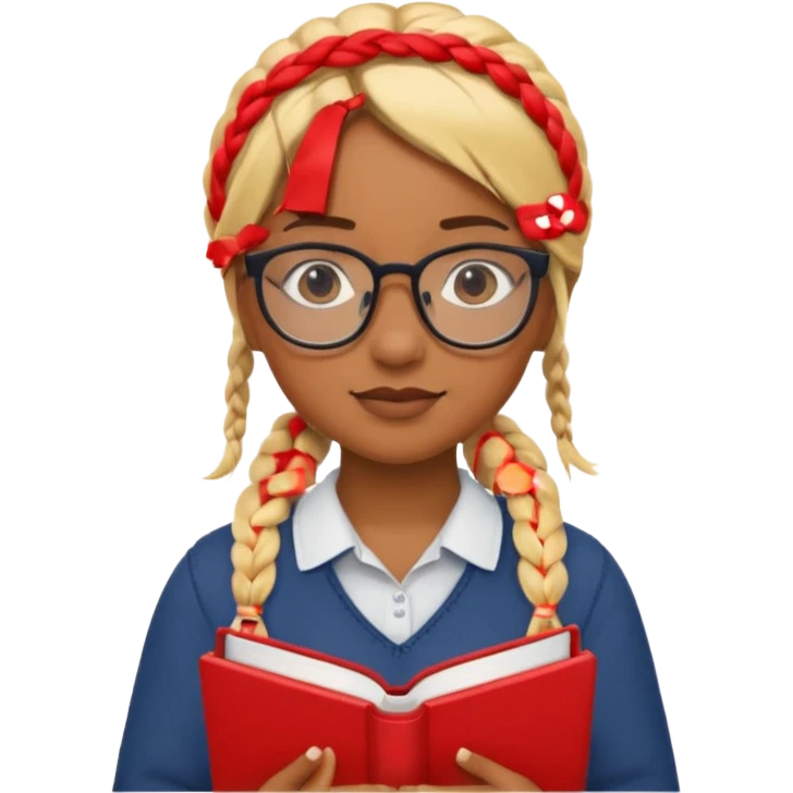 A student, girl, brown skin, braid blonde hair, wearing glasses, hold red book in front of their chest emoji