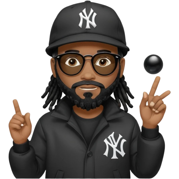 African American man with shoulder length black dreadlocks with black beard wearing black sunglasses wearing a New York Yankees logo baseball cap wearing a dark black bubble winter coat hand pointing out emoji