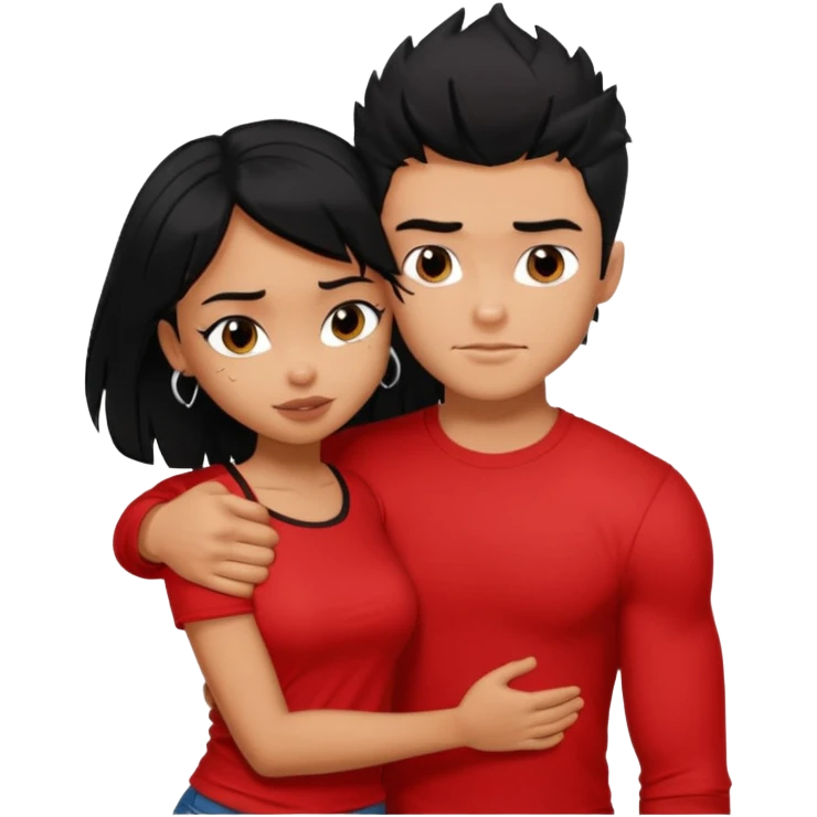 generate a pretty tan bratz boy hugging a fair black haired gf. The guy has black messy hair, lean but muscled and wearing a red tshirt emoji