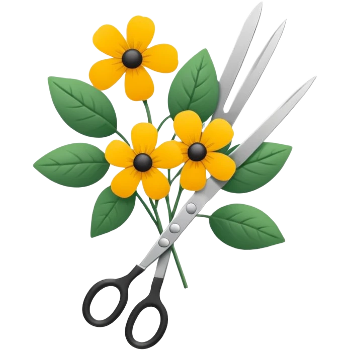 Minimalistic flat vector icon, iOS style, thin black contour on white background. Flower bouquet with leaves and scissors. No text, no shadows. emoji