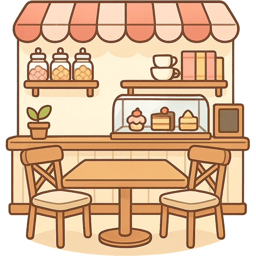 一个可爱的甜品店室内场景，前面有一张方形大桌子 emoji